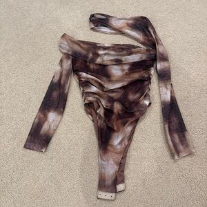 SHEIN Brown Ruched One-Shoulder Bodysuit